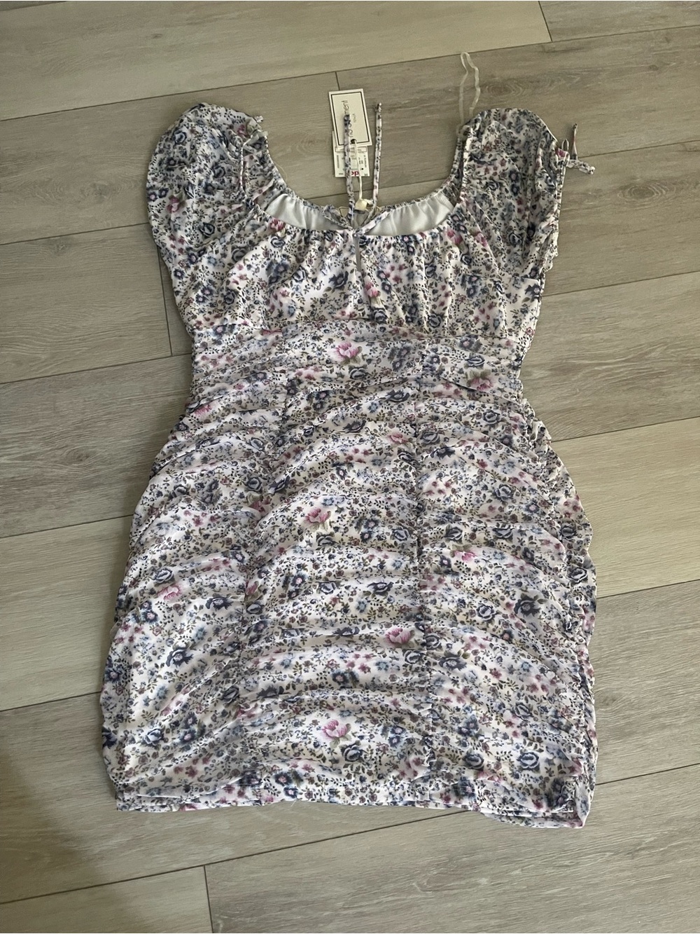 Floral Ruched Mini Dress - White with Pink & Blue Floral